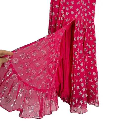 Rococo Sand Metallic Stars Print Ruffle Maxi Skirt Hot Pink Size L