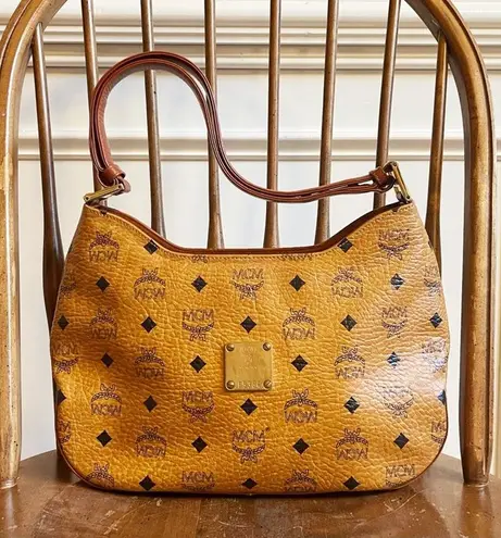 MCM Cognac Visetos Coated Canvas Shoulder Bag Leather Monogram Gold Vintage