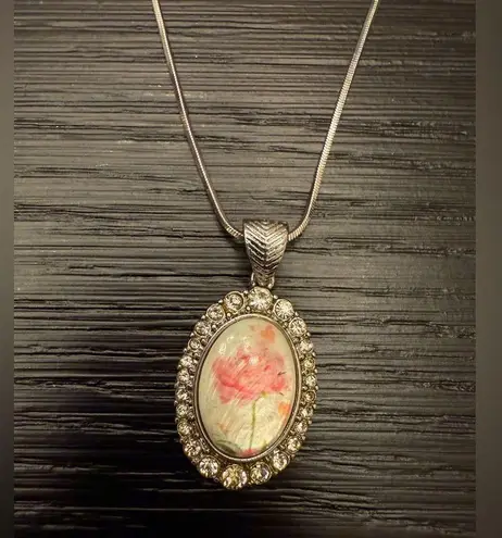 Vintage Rose Pendant Necklace Rhinestones Silver Costume Jewelry Coquette