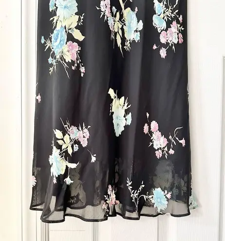 Evan Picone Black Floral 90s V Neck Flutter Sleeve Midi Sun Dress 10P Lined