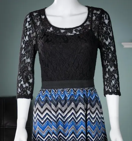 Speechless Black Lace and Blue Chevron 3/4 Sleeve Mini Dress