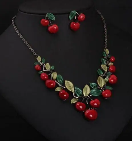Gorgeous Enamel Cherry Bomb Pie Necklace & Earring Set