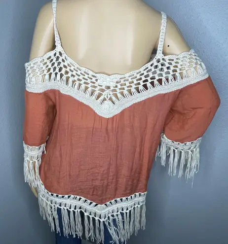 Dreamers Boho Hippie Off Shoulder Fringe Blouse Top Burnt Orange Cream Size XL