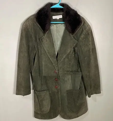 Vintage John Murrough Suede Coat Green Fur Collar Women's M 80s 90s retro Size M