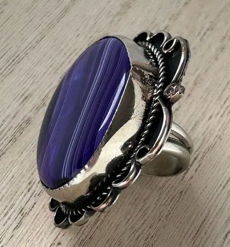 Gary Nez Navajo Purple Banded Agate Native American Huge Signed GN Ring Size 8