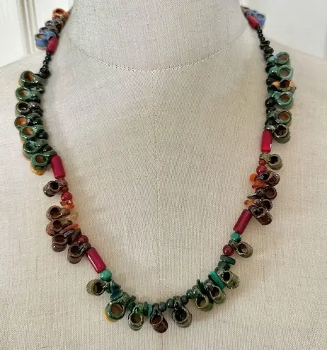 Vintage Mexican Folk Art Cluster Necklace, Pottery Mugs