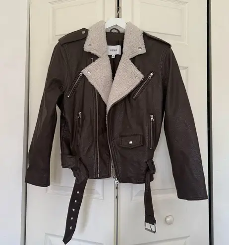 Pistola Blaine Sherpa Collar Moto Jacket Brown Vegan Leather Size Small