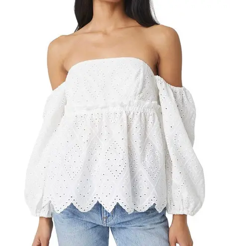 Misa New Eyelet Off The Shoulder Puff Sleeve Babydoll Top Sera White Size Small