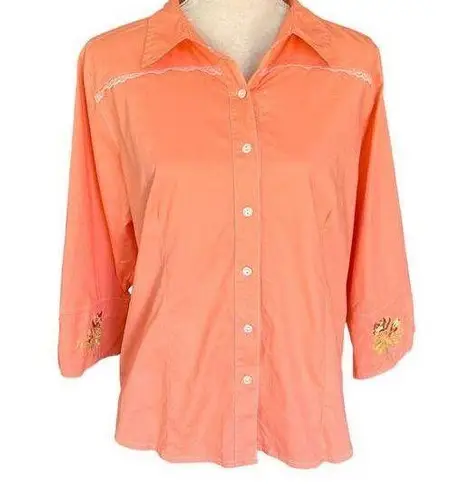 Eastwood Ranch Western Button Down Shirt Rose Embroidery Lace Peach L Orange Size L