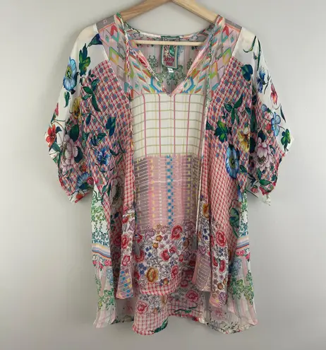 Johnny Was Light Pink White Floral Plaid Multicolor Zadie Satin Tassel Tunic Top