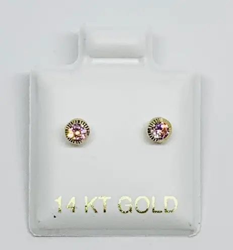 Bebe Real 14k Gold Studs Tiny Earrings Pink Cubic Zirconia  3mm    Aretes De  Niña  New