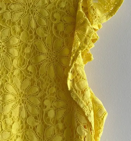 London Times Yellow Floral Sheath Dress, Crochet Lace Ruffle Dress, Size 10