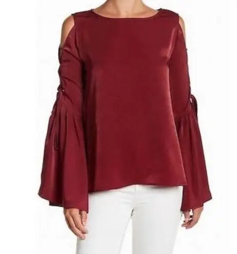 Ro & De  lace up bell sleeve satin maroon top size small