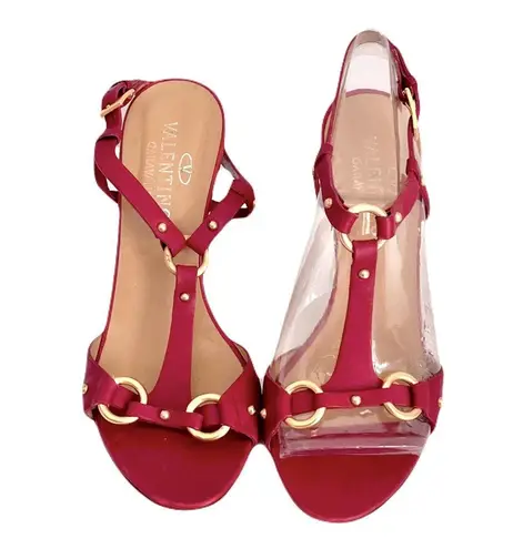 Valentino Garavani Valentino Red Leather Strappy Wedge Slingback Sandals, Size 37.5