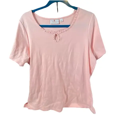 Quacker Factory Top Tee Large Shirt Pink Sparkle Keyhole Short Sleeve Summer - Image 1
