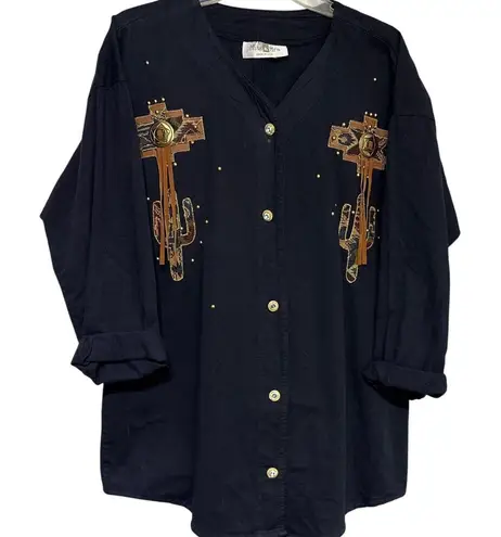 Miss & Mrs Western Vintage Cactus Cross Rhinestone Button Down Shirt Blouse XL Black