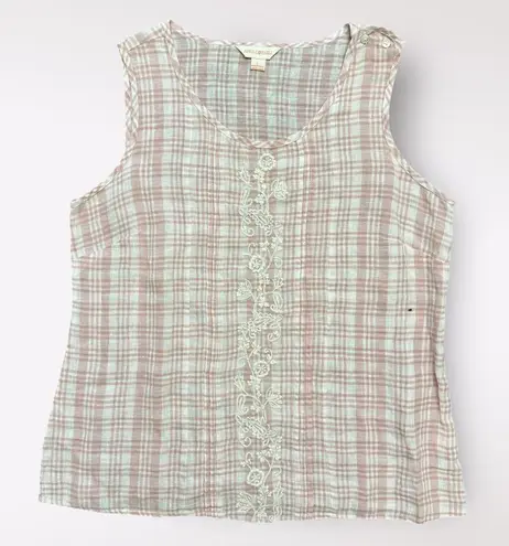 April Cornell Linen Tank L Pink White Plaid Sleeveless Boho Cottagecore Size L