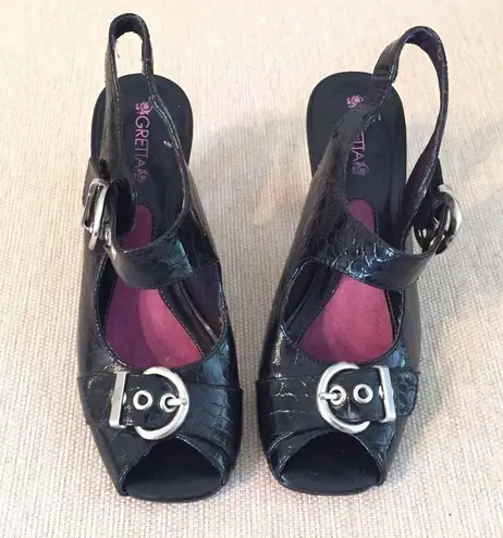 Gretta faux leather croc embossed sling back peep toe heels black size 6