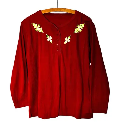 CHIC Burnt Orange Rust Long Sleeve Green Floral Geometric Embroidered Top No Tag Size M