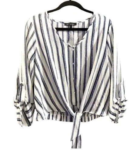 Kaii Los Angeles Tie Front , Roll Tab Sleeve, Blue Striped Blouse Size L