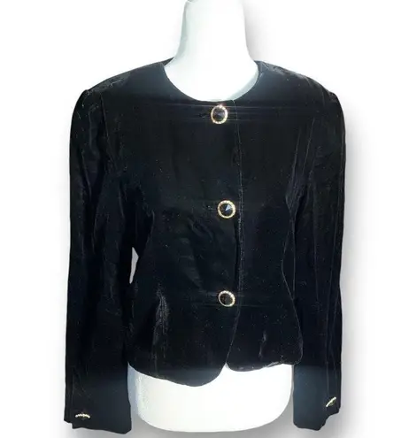 Vintage 90s Black Velvet Cropped Collarless Blazer Jacket Gold Button Elegant 8