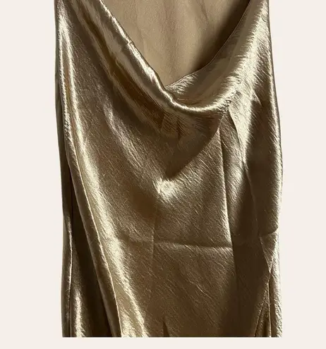 Saloni Satin Champagne Gold Backless Ruffle Hem Cowl Neck Midi Dress Size 8