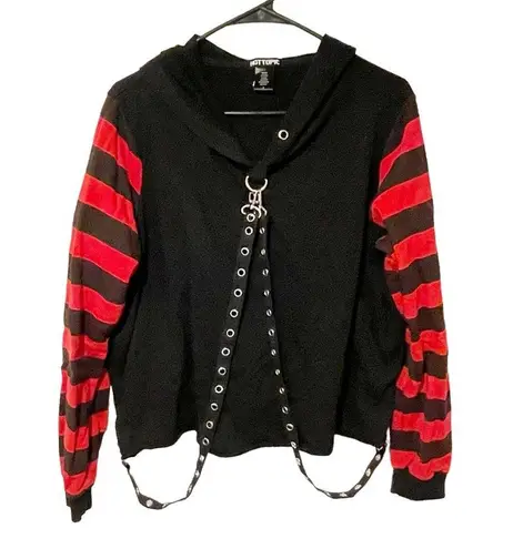 Hot Topic  Plus Size 1X Red & Black Stripe Harness Crop Hoodie Long Sleeve Goth