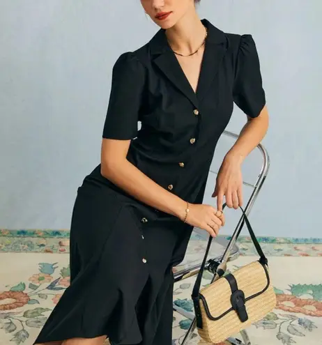 Rihoas The Black V Neck Button Puff Sleeve Midi Dress Size XL