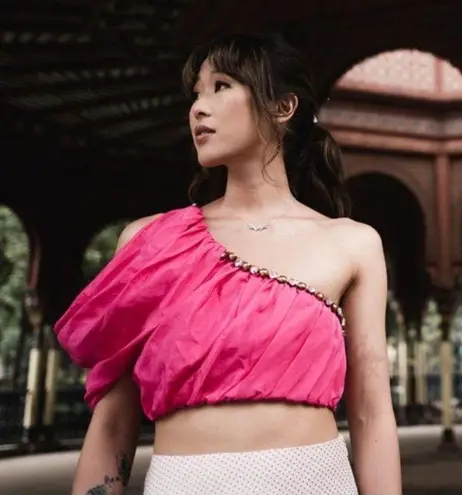 Area NYC magenta pink one shoulder rhinestone embellished crop top Size XS