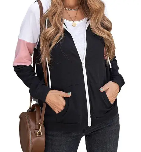 BLACK WHITE PINK FULL ZIP POCKETED DRAWSTRING HOODIE SIZE 2XL (18