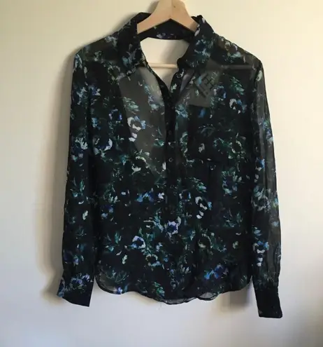 Haute Hippie 100% Silk Blue Green Floral Semi Sheer Open Back Button Down Top