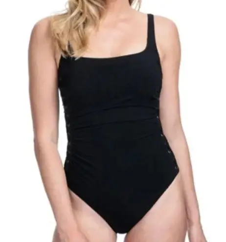 Profile  by Gottex Slimming Side Lace Solid Black One-Piece Swimsuit NWOT 8