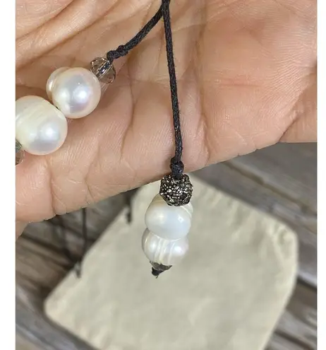 Real Pearls Baroque & Rhinestones Lariat Necklace On Black Cord Adjustable 30”