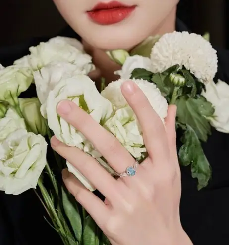 18K White Gold Plated Adjustable Blue Crystal Aquamarine Sapphire Ring for Women Silver