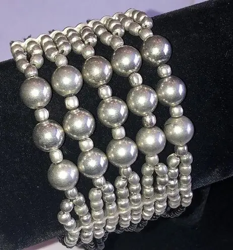 Silver Tone Black Seed Bead Boho Beaded Wide Stretchy Bracelet