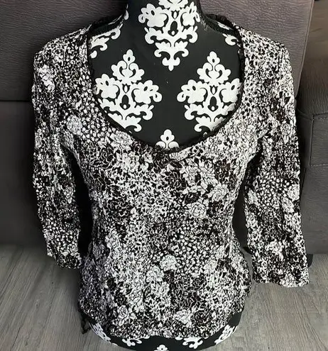 INC INTERNATIONAL CONCEPTS Brown & White Embroidered 3/4 Sleeve Top Size Large