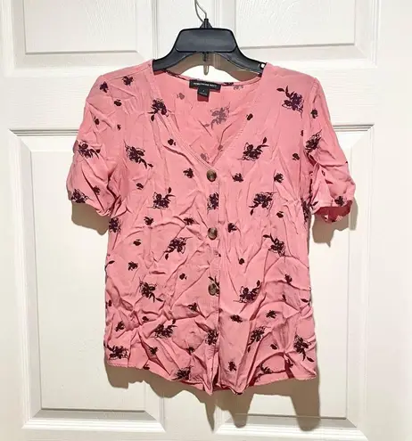 Something Navy  Pink Floral Button Front Blouse