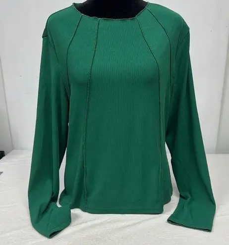 Kirundo Ribbed Top Green Women Pullover Long Sleeve Round Neck Crop Exposed Seam Size XL