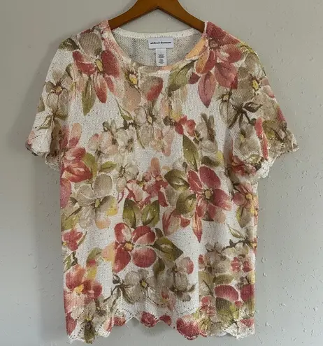 Alfred Dunner 🦋 Cream Floral Sequin Scalloped Short Sleeve Sweater Blouse XL