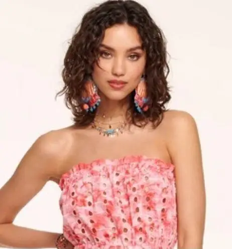 Ramy Brook Hot Pink Tie Dye Sheer Eyelet Strapless Summer Beach Crop Top Medium