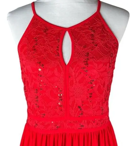 Candalite Lace Bodice Floor Length Dress Red Size Large