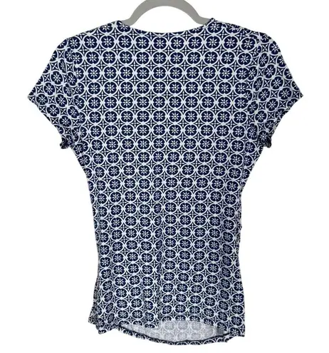 Boden Cap Sleeve Faux Wrap Blouse Geo Print Navy Blue Size 10