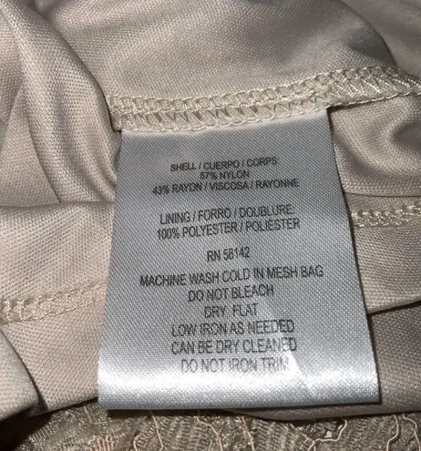 London Times Golden Tan Lace Overlay Midi Dress Rosegold Rhinestone Neck Size 4