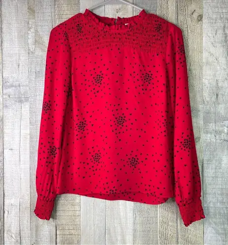 Maison Jules Size XXS Black & Red Long Sleeve Mock Neck Heart Print Blouse