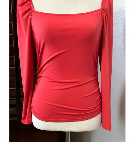 Abound  Womens Casual Top Red 3/4 Sleeve Stretch Ruched Square Neck M New