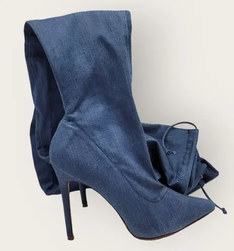 Liliana Womens Blue Denim Thigh High Stretch Stilettos Heels Zip Boots Size 10