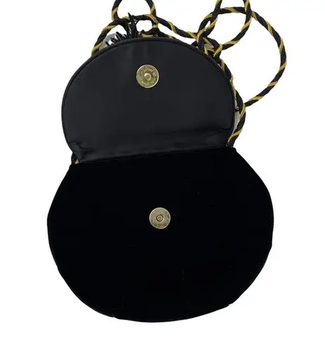 Vintage Black Velvet Clutch Bag Gold & Black Detailing and Corded Shoulder Strap
