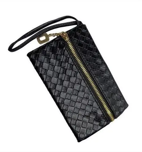 Black Faux Leather Woven Gold Tone Exposed Zipper Wristlet