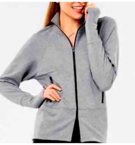 CAbi  Zip Pivot Athletic Jacket Stone Gray Size S Tunic Length #3732 2 Way Zip