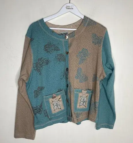Lucky Charm Cotton Knit Butterfly Cardigan Lightweight Boho Top Y2k Medium Tan
